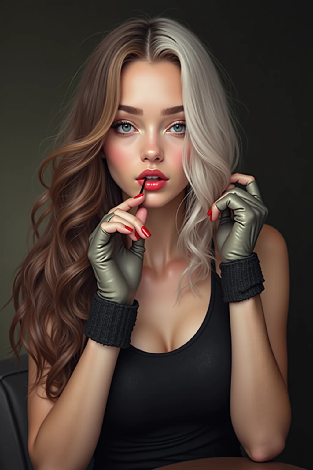 photoactual, Gloss on lips, actual, Best, Ultra-high resolution, Depth-of-fie, pastel colour, naturalshadow, Focus on the face, Just faces, Looking at the audience, long whitr hair, brunette color hair, Brown, detailed eyes, black color dress, mitts, anatomically correcte