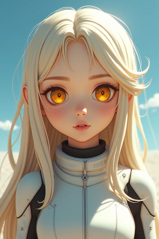 (Young girls, , blond hairbl, 真实感, pale-skinned), (Yellow (The eye:1.2)), (Slim figure:1.3), (fantasy the space suit), beautiful  face, Symmetrical face, Greg Rutkoski, wlop and Sam Kuvshinov, (long whitr hair), Golden eyelashes, big irises, Large pupils, full bodyesbian, Standing on the background of the spaceport, art  stations, in 8K, scientific fiction, pastelcolor, props, Control board, conceito, A futuristic, greeble, simon stålenhag, the space, in outer the space, a the spaceship in the sky, Technology Modules