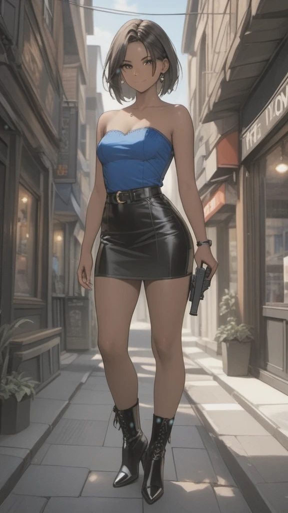 (((Adult woman)): (small black skirt, strapless blue top, Black eyes, showing the whole body, brown skin color, Black short hair, High heel black boots, Cute smille. Closed mouth )); full body shot, Standing in street, cityscapes background. High quality. 4k, 8k, many details. Masterpiece, accurate, anatomically correct, posing, detailed background, better quality, original work Focus on details, with handgun, Jill Valentine