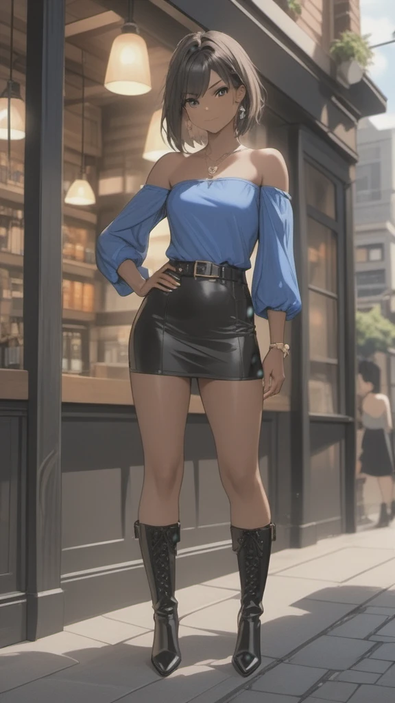 (((Adult woman)): (small black skirt, strapless blue top, Black eyes, showing the whole body, brown skin color, Black short hair, High heel black boots, Cute smille. Closed mouth )); full body shot, Standing in street, cityscapes background. High quality. 4k, 8k, many details. Masterpiece, accurate, anatomically correct, posing, detailed background, better quality, original work Focus on details, with handgun, Jill Valentine