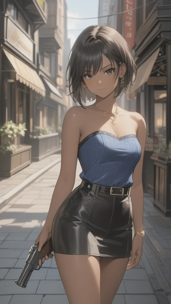 (((Adult woman)): (small black skirt, strapless blue top, Black eyes, showing the whole body, brown skin color, Black short hair, High heel black boots, Cute smille. Closed mouth )); full body shot, Standing in street, cityscapes background. High quality. 4k, 8k, many details. Masterpiece, accurate, anatomically correct, posing, detailed background, better quality, original work Focus on details, with handgun, Jill Valentine