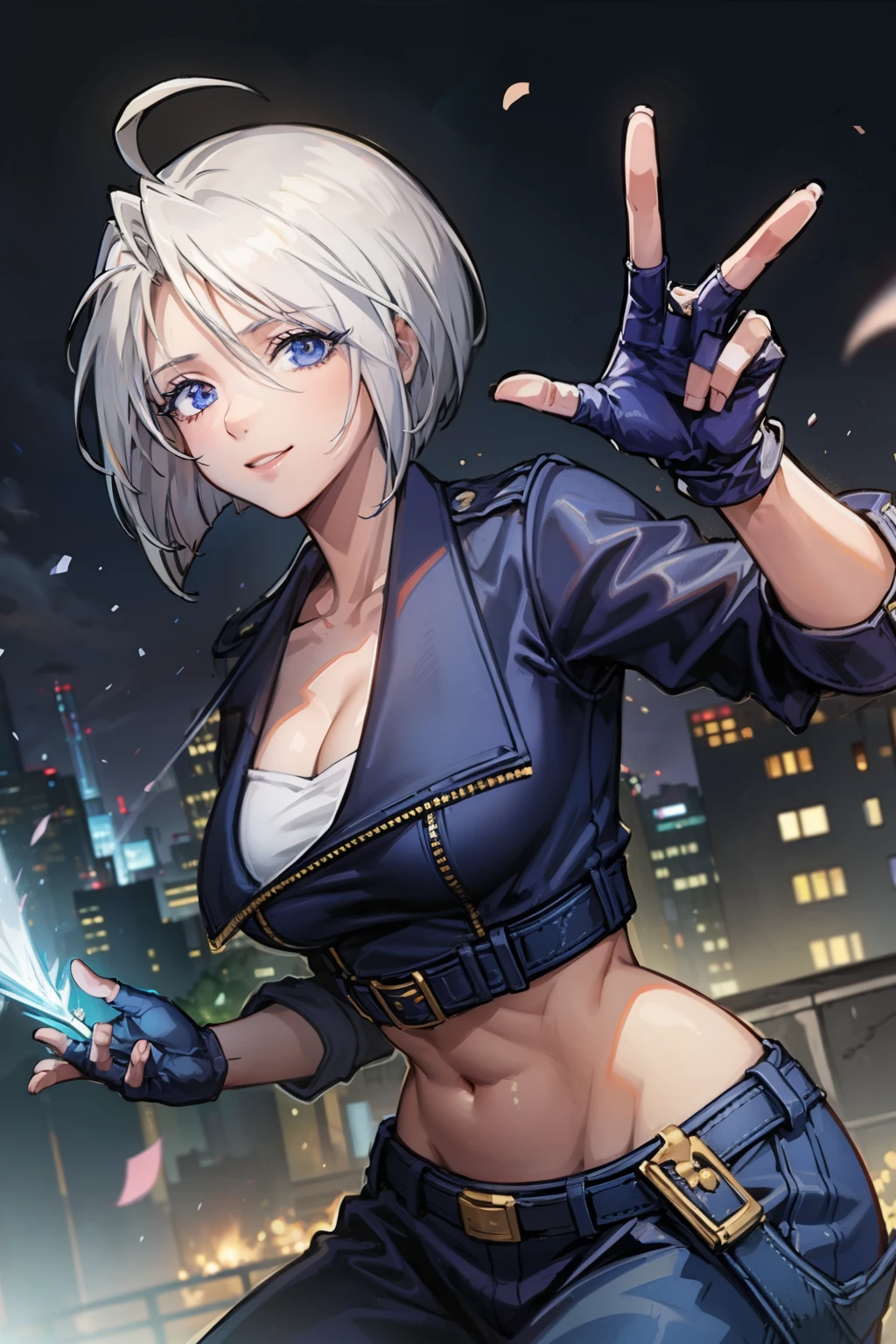 (masterpiece), best quality, expressive eyes, perfect face, highres, 1girl, solo, angelms, white hair, jacket, ahoge, fingerless gloves, midriff, hands to hips, leaning forward, smiling, fanstasy background, particles, magic, standing,cowboy shot, looking at the viewer, from front, holding divine sword, ultra detailed divine sword