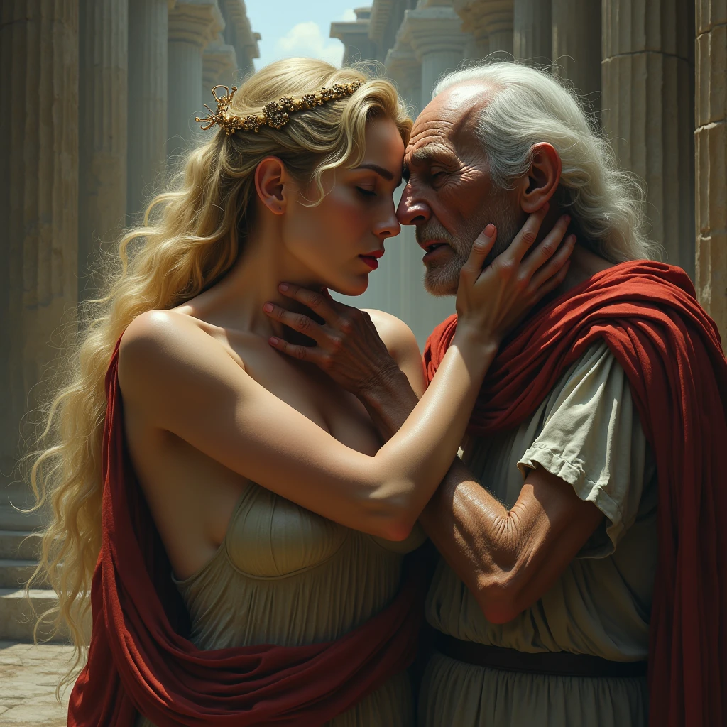 a muscular old man, young woman in a yellow saree, kissing, intimate love scene, photorealistic, cinematic lighting, detailed faces, gorgeous colors, romance, sensual, passionate