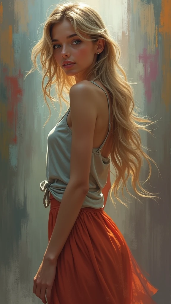 (masterpiece), cartoon, best quality,(photo_(medium):1.0), by Antonio J. Manzanedo, by Jeremy Lipking, lightning, painting style with watercolor, (Brushstrokes:1.4),colorful,vibrant colors full body shot, ultra hot gorgeous European woman silhouette. Age 23. Blonde hair. Backlight. standing in a circle. Large breast. Cleavage.