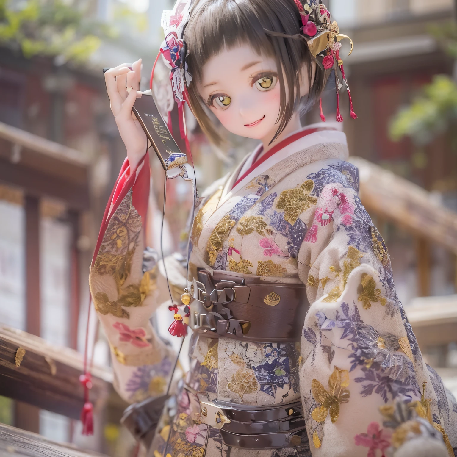 (Best Quality,High resolution,masterpiece:1.2),Very detailed,Realistic,(Me in a kimono,Beautiful details,Beautiful lip detail,Very detailed目と顔,Long eyelashes),Traditional Japanese,geisha,hairpin,Delicate embroidery,Floral,Sleeves flow,Harmonious colors,Soft lighting、Smiling face with a fan、Bobcut、Black Hair、(((High wooden clogs)))