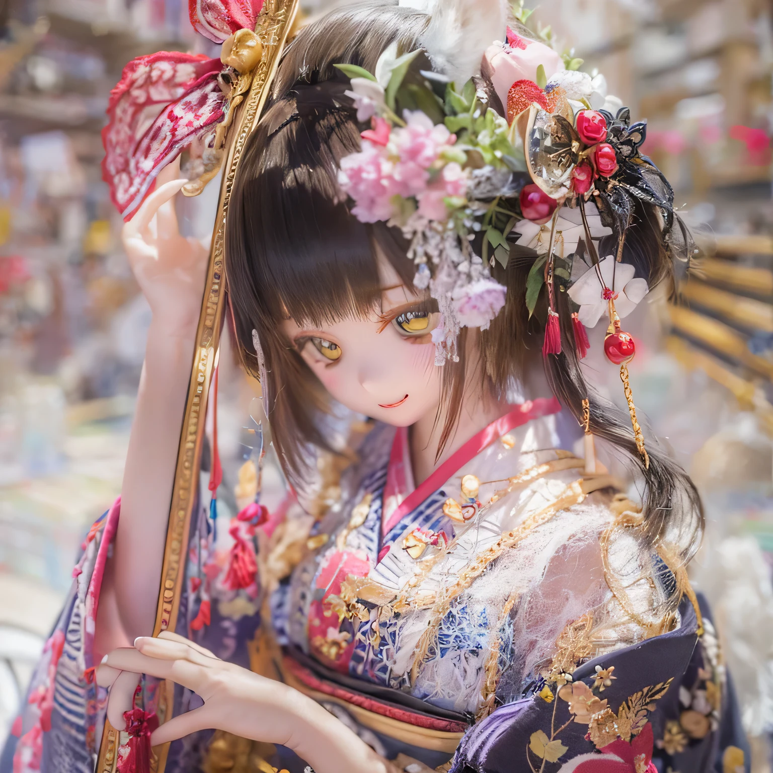 (Best Quality,High resolution,masterpiece:1.2),Very detailed,Realistic,(Me in a kimono,Beautiful details,Beautiful lip detail,Very detailed目と顔,Long eyelashes),Traditional Japanese,geisha,hairpin,Delicate embroidery,Floral,Sleeves flow,Harmonious colors,Soft lighting、Smiling face with a fan、Bobcut、Black Hair、(((High wooden clogs)))