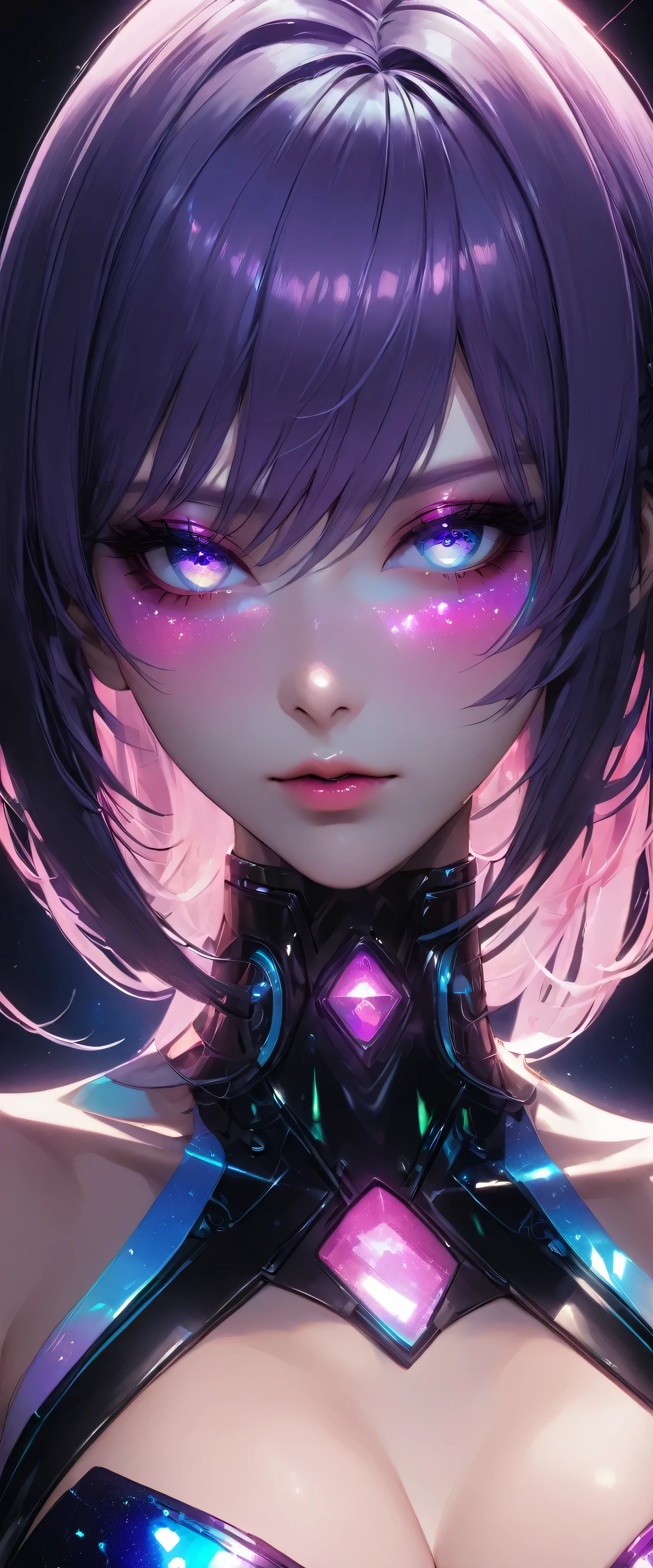 80’s glam rock makeup on shiny android face, anime, 2.5D, Glittery face, moody lighting, (purples, pinks, and blues), iridescent face, abstract ai model, pretty, sexy, minimal, sleek, slender, asian, elegant, chic, futuristic, retro, sophisticated half human half machine, close up face portrait, ((ahegao)), big breasts, cleavage,
