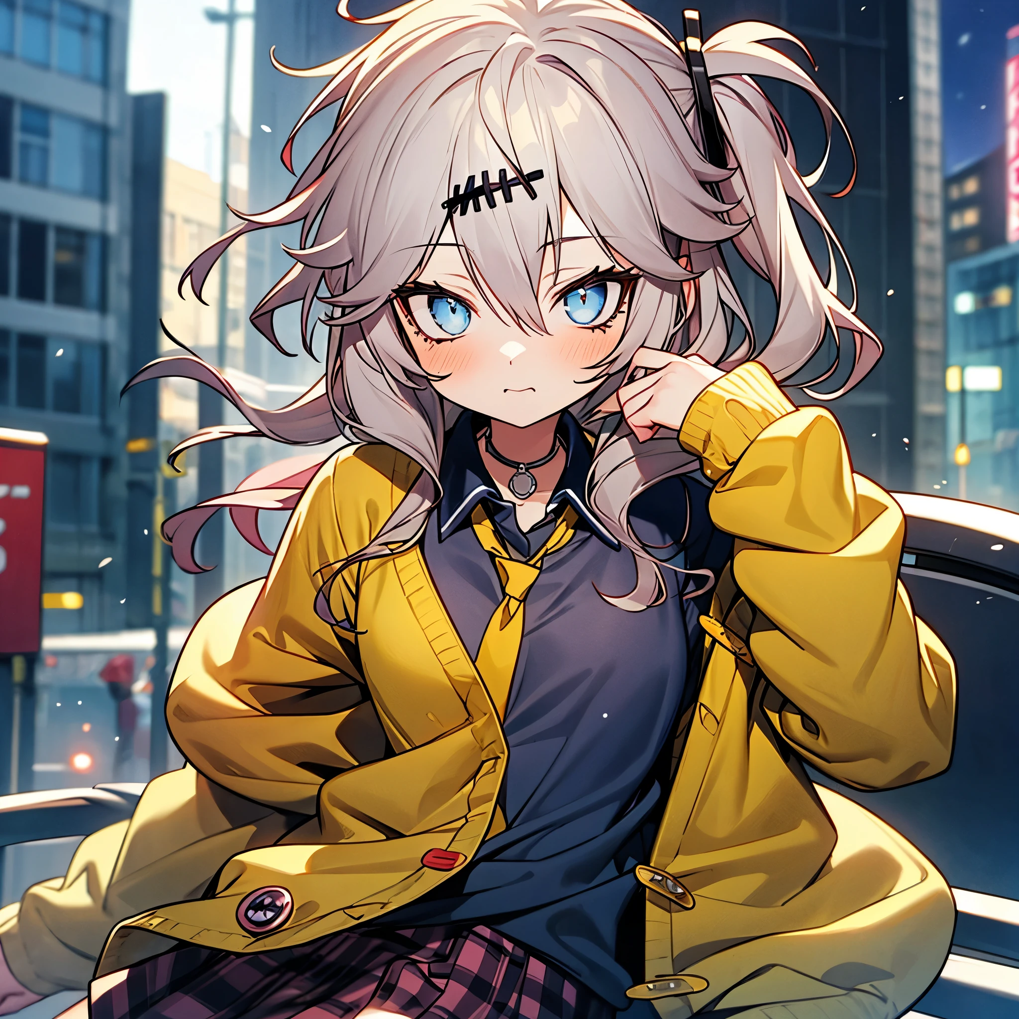 masterpiece, Best Quality, Perfect Face, Highest Resolution, Best Quality,Detailed depiction of the eyes, 8k, kasukabe tsumugi, One Girl, Black shirt, Yellow tie, Yellow cardigan, plaid skirt, bustling street, rooftop, night