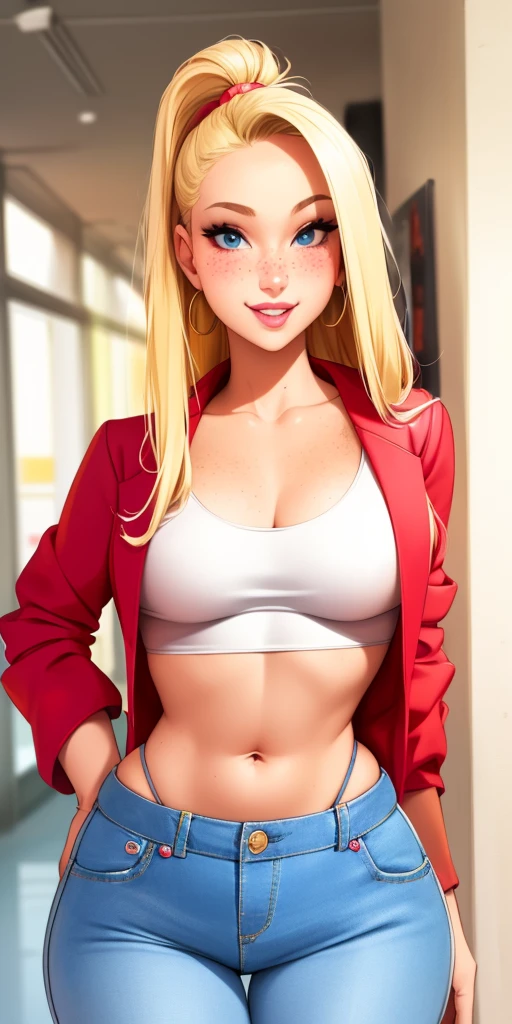 Beautiful medium round breasts, 1 girl, ((blonder hairCabelo liso lindo, side parting hair)) ((girl, cute face)) light azuis eyes, has a beautiful and sensual body with freckles, with full breasts and a thin waist, HIP HOP Cute and cute red jacket, shorts jeans longos, delicate fabric, has a bold look. Young, realistic quality, best qualitycute expression, pink lipstick lips, cute smile, inclining, in the hallway of the building, in a pose