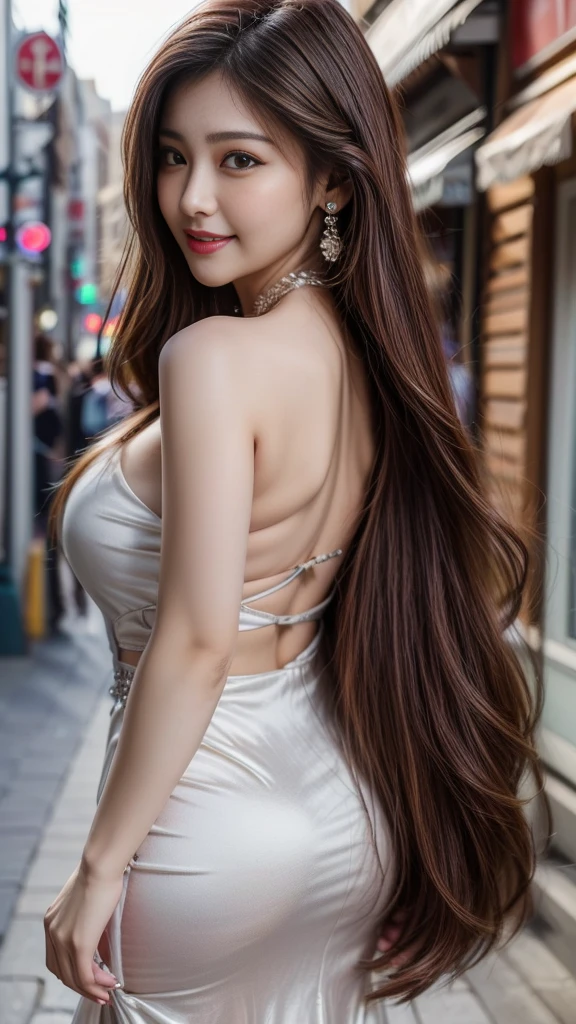 High resolution CG unity wallpaper 8k, top-quality, Piece Table, Realistic, hyper realistic photography, Highly detailed beautiful woman ((top quality, 8 thousand, masterpiece :1.3)), (beautiful body:1.2), very detailed face, detailed eyes, double eyelid, smiling face, long hair, She is one, open shoulder fantastic dress, famous street in korea, huge indian street, (korean club dresses:1.4)