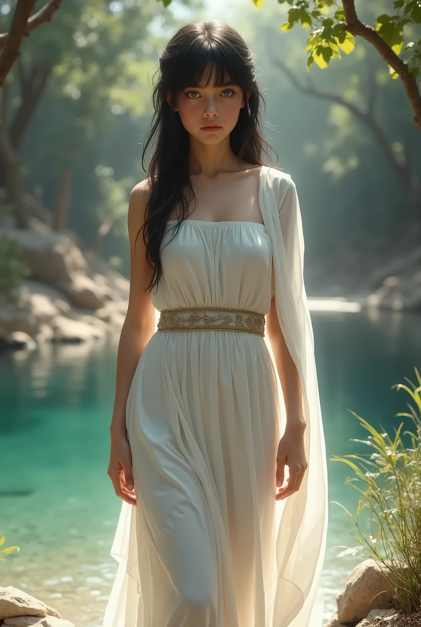a young beautiful woman with long flowing hair,kneeling in a serene tranquil setting,eyes closed in deep concentration,hands gently clasped together in prayer pose,wearing flowing white gown softly draping over body,peaceful ethereal landscape background,soft glowing light filtering through trees,calm spiritual atmosphere,inner peace devotion,best quality,4k,8k,highres,masterpiece:1.2,ultra-detailed,realistic,photorealistic,photo-realistic:1.37,HDR,UHD,studio lighting,ultra-fine painting,sharp focus,physically-based rendering,extreme detail description,professional,vivid colors,bokeh