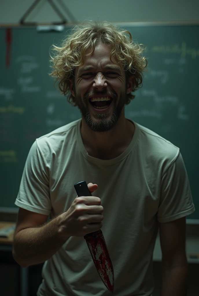 (Terror) Lucas stuck on stage, with invisible hands holding him as the ghostly actress slowly approaches, your sinister smile illuminated by the theater lights, intensificando a sensação de Terror.