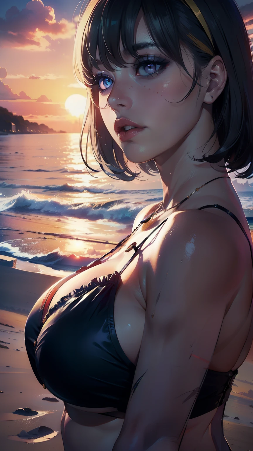 ((work of art)),(best qualityer),((ultra detali)), ((beautiful detailed sky)), ((cinematic lighting)), Depth of field, (dynamic angle),Detailed lighting,(beautiful detailed eyes), ((sunset view on the beach)),red lip, ombre,((large breasted)), (microbiquini), ((sexly)), neckleace, へそ, (barbaradef, barbaric duck)