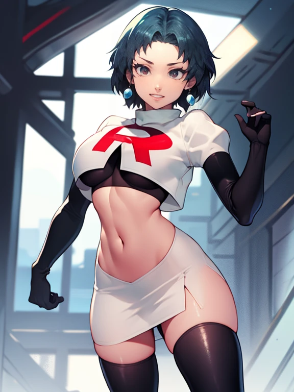 fuukap3, short hair ,glossy lips ,blue hair, Team rocket, team rocket uniform, red letter R, white skirt,white crop top,black thigh-high boots, black elbow gloves, evil smile, earrings, large breasts, sexy pose