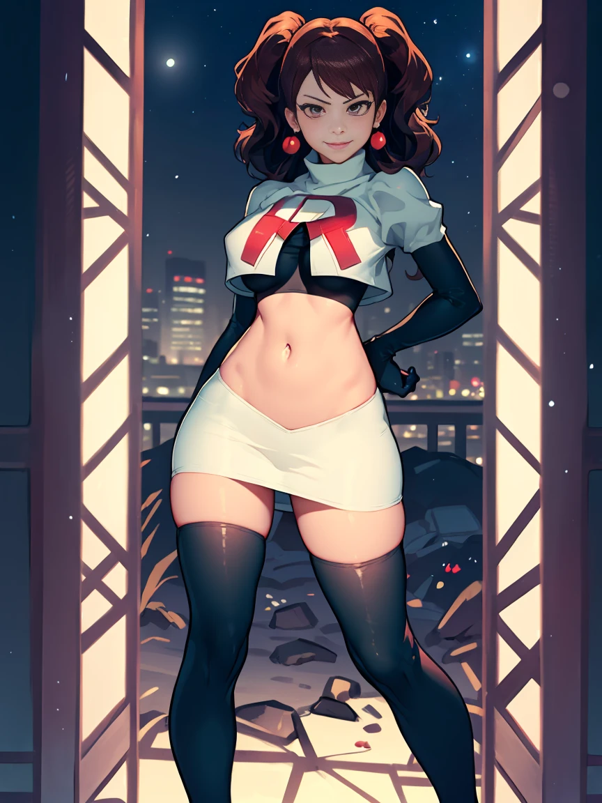 best quality,ultra-detailed,realistic,professional,Rise Kujikawa,portrait,Team rocket, team rocket uniform, red letter R, white skirt,white crop top,black thigh-high boots, black elbow gloves, evil smile, night sky background, earrings, large breasts, high-heeled boots