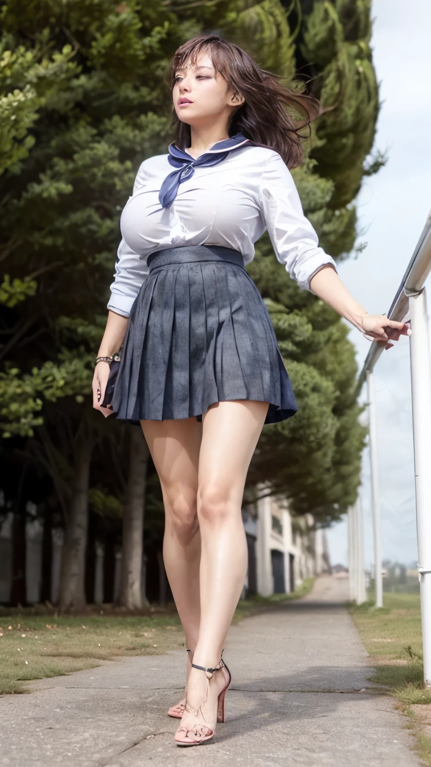 best quality, face focus, perfect face, soft light, ultra high res, 8k, Masterpiece, , , view the viewer, full body , Front view, (1girl:kawaii), , Cute face, , (Maroon color very short hair), (blue eyes:1.5), beautiful Huge breasts, , Beautiful boob, Beautiful finger, Beautiful hands, Beautiful arms, Beautiful feet, Beautiful legs, (high resolution detail of human skin texture) , (collared short sleeve white shirt, pale pink pleated checked microskirt, bare legs, sandals), , lake side,, , (( standing, , smiling , (erect nipples:0.5), (sheer:0.8)cloth, ,)) , ,score_9, solo, , no bra, no panties,