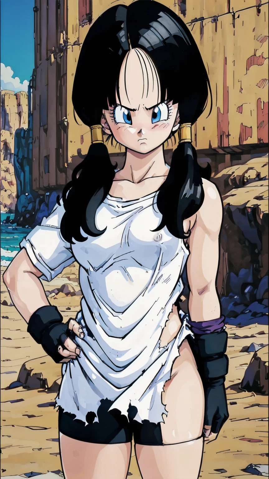 (masterpiece), anime, Best Quality, Good anatomy, Saw 2, Alone, ( On my knees),blue eyes, Black Hair, Twin tails, Black Gloves, Big chest realistic face, Gloomy face, Looking down, bicycle_Shorts, bangs, White shirt, Reflector, 8K masterpiece ultra-detailed, Movies Movies, Best Quality, Best details, Detailed face, Fine grain, Camera from below、(wilderness、sand、audience)、(NSFW、Big Boobs、Torn clothes、Upper body naked、Large areola、Cowboy Shot、blush、One shoulder exposed、Blood、A wounded woman、Hold your arm、Frustrated face、Embarrassed face、White Breath、Glare)