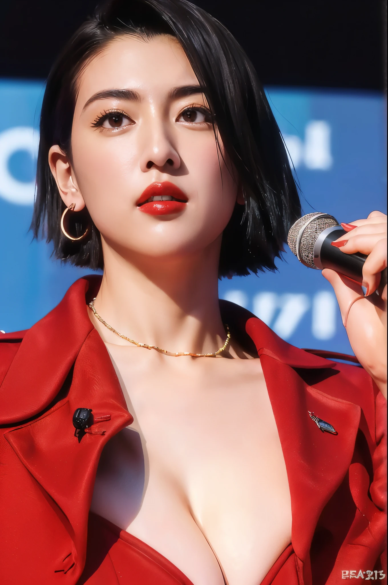 ((best quality)), ((masterpiece)), (detailed), (politician), sexy, (solo), Japanese beautiful woman, (politician), (red jacket, black suit), (talking with microphone) , (big breasts:1.4), (sagging breasts:1.1), (cleavage:1.0), (background: International Conference)