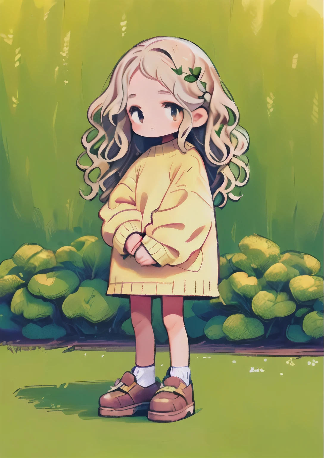 A young girl with long wavy hair, wearing a cozy cream-colored sweater, , serene expression, outdoors in a lush green garden setting, 1 person, full body shot, cinematic lighting, highly detailed, oil painting, warm color palette, photorealistic, masterpiece