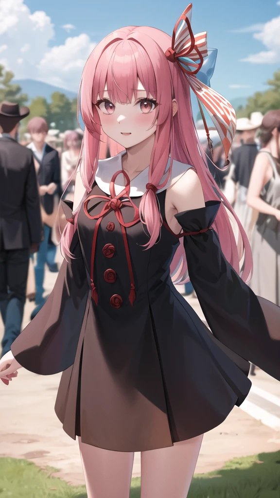 masterpiece, best quality, highres, ka1, pink hair, hair ribbon, black dress, detached sleeves, outdoors, standing, cowboy shot,