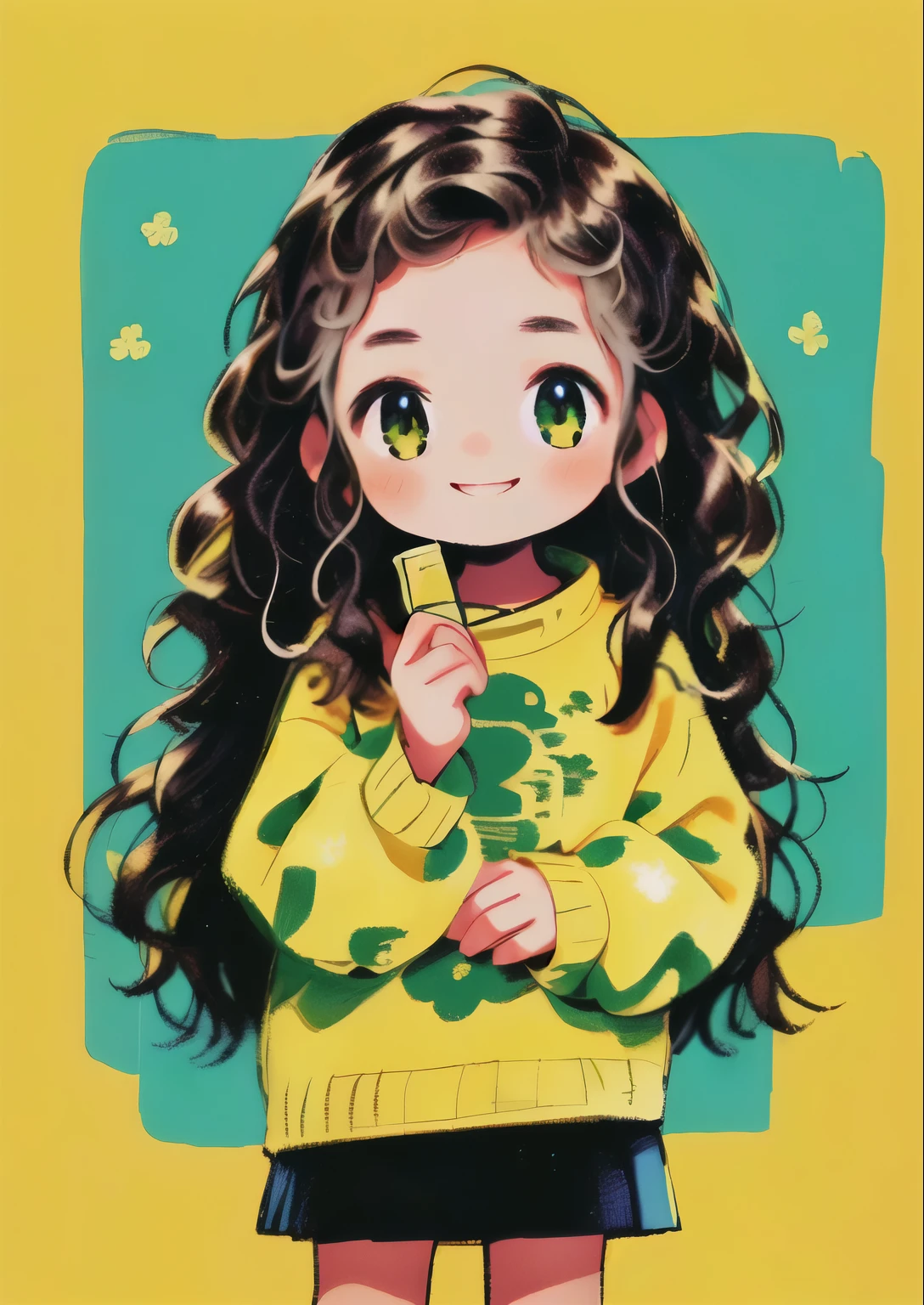 A young girl with long wavy hair, wearing a cozy cream-colored sweater, , serene expression, outdoors in a lush green garden setting, 1 person, full body shot, cinematic lighting, highly detailed, oil painting, warm color palette, photorealistic, masterpiece, smile