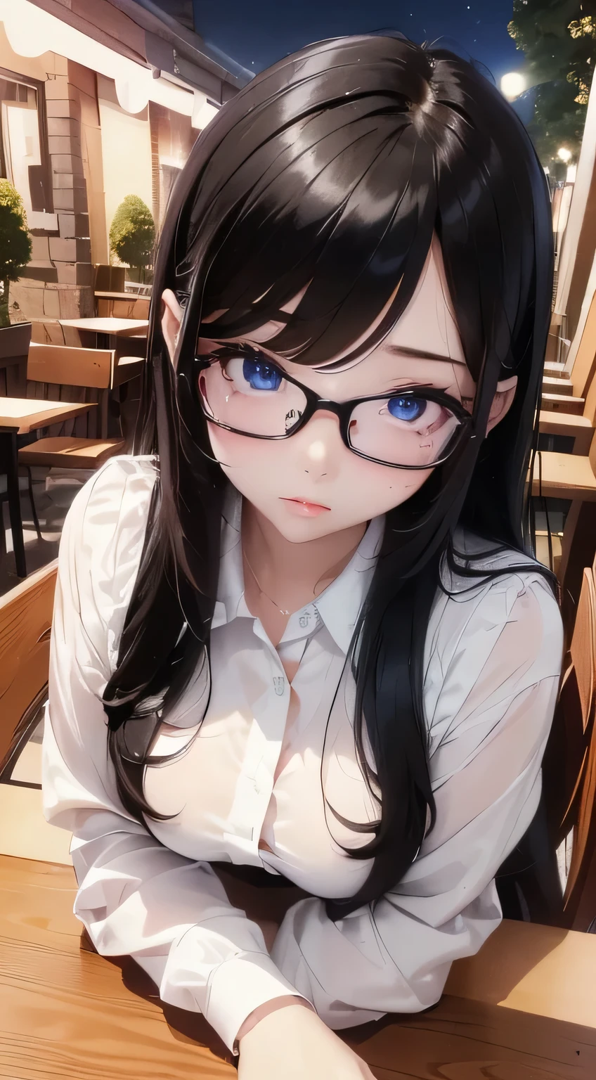 (masterpiece: 1.3), (Maximum resolution: 1.2), (Ultra HDTV: 1.2), Cinematic Light, Ultra HDTV, (Fine grain and skin), (Detailed facial features), NFFSW, 8k resolution, Sharp focus: 1.2, Perfect Style, Beautiful Face, Perfect body, Accurate, Anatomically correct, Highly detailed face and skin texture, Fine grain, Dark blue eyes, Double eyelids, Thin eyebrows, Glitter Eyeliner: 1.2, Natural Cheek, Glowing skin, White skin: 1.2, (Glossy lips: 1.4), break, First Person View, (She is a very cute high school girl), (Wearing glasses)、(Serious expression: 1.2), ((Pure and cute girl:1.3)), (Long Wavy Hair), (Shiny black hair:1.2), , break, ((Very close relationship: 1.2)), Medium large breasts, ((Staring at the audience:1.2)), ((Cafe terrace at night 1.2)), ((Sitting in a chair:1.2)), (Across the table:1.2),(from the front),Low angle shot,High School Uniform、Thigh-high socks、Embarrassed look Kamimei、Open your mouth、Sweat on the neck、Sweat on my chest