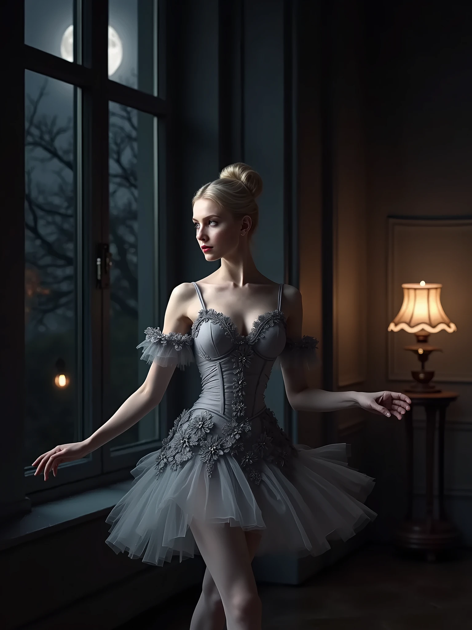 A poetic and visually captivating scene. The picture shows a beautiful blonde Russian dancer, medium breasts with delicate makeup and light eyes, wearing a grey lace dress (the dress has a corset victorian, petal designs and a short skirt). She is dancing ballet alone in a dark room, illuminated by the moonlight coming through a large window. The ballet slippers she is wearing are white., which highlights her figure and her angelic face.  This description transports us to a magical and romantic atmosphere., where the dancer is in the center of the room, expressing their art and grace through dance. The combination of the darkness of the living room, The moonlight and the elegance of the dancer create a visually striking image full of beauty.