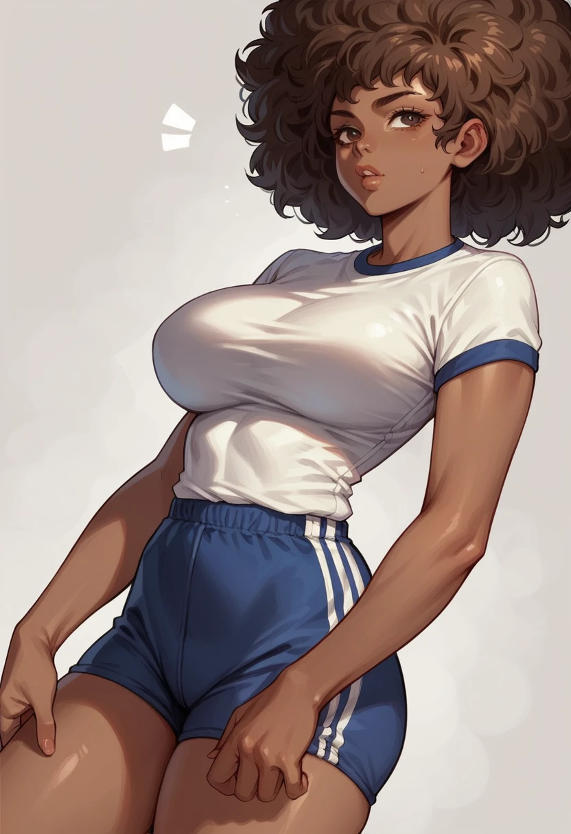 1 hot girl, very dark skin, black eyes, grin, gorgeous, african, short bob, school girl, young , tight tank top, panties, closeup, at locker room, teasing, huge breasts, shortstack, hands behind head, armpits