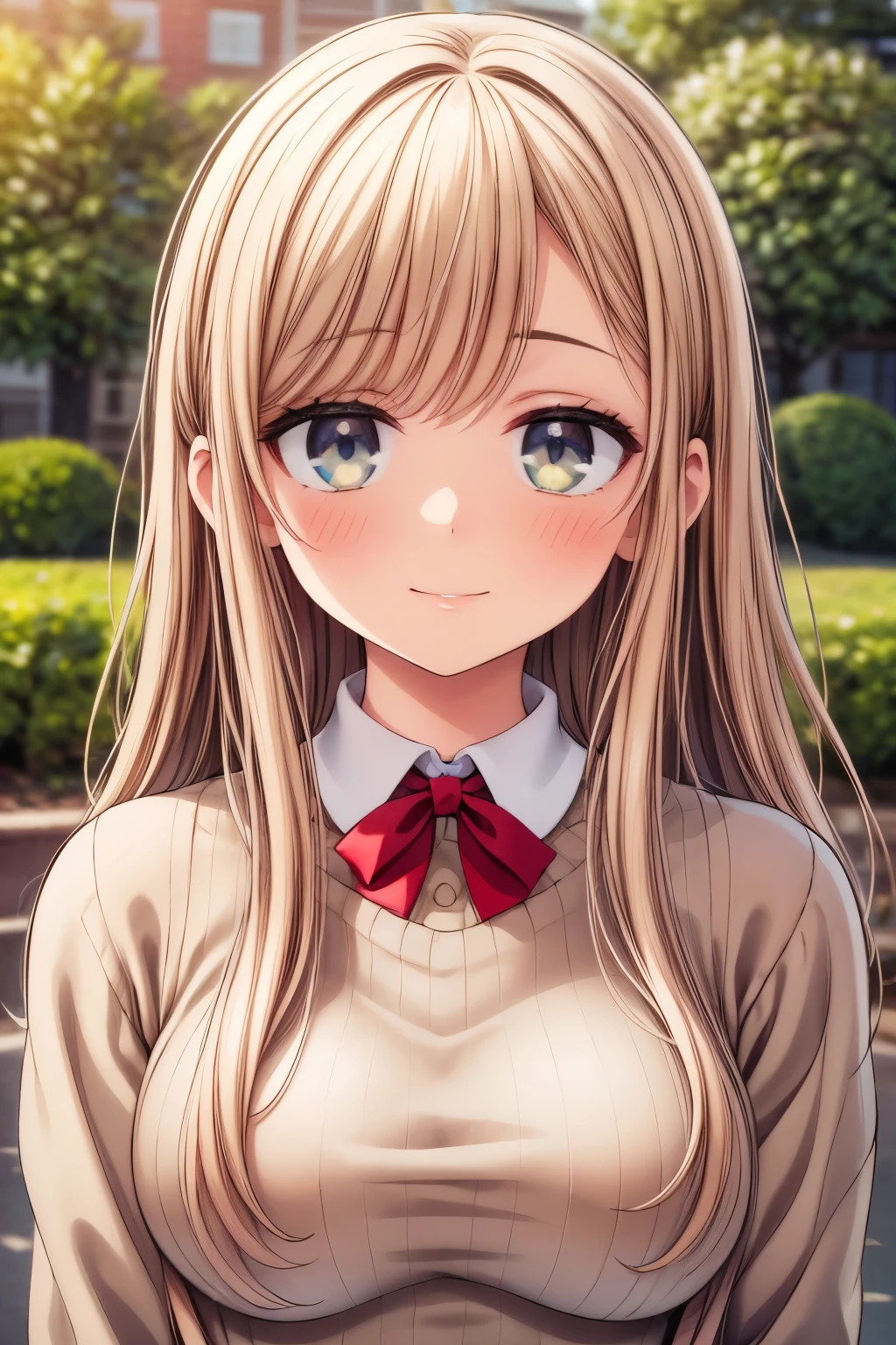 A young girl with long wavy hair, beautiful detailed eyes, beautiful detailed lips, extremely detailed face, longeyelashes, wearing a cozy cream-colored sweater, serene expression, outdoor garden setting, natural lighting, vibrant colors, intricate details, (best quality,4k,8k,highres,masterpiece:1.2),ultra-detailed,(realistic,photorealistic,photo-realistic:1.37),portrait,warm tones,natural lighting, smile, happy