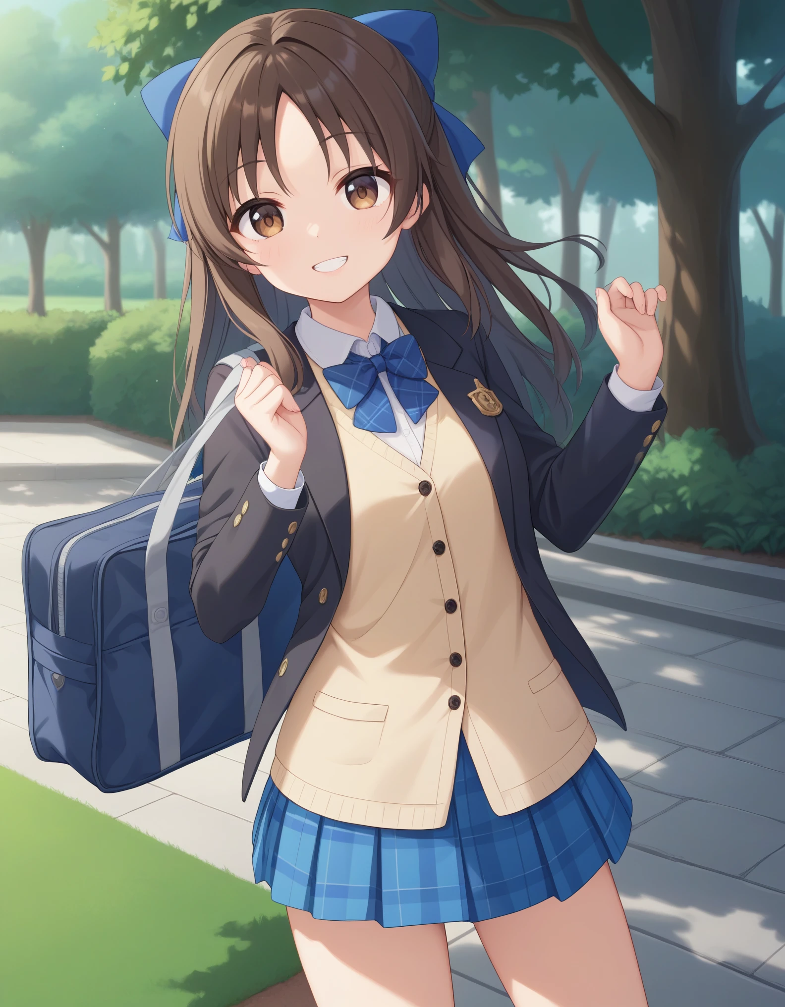 best quality,masterpiece,   4k, best quality 
1girl, solo,tachibana arisu, brown hair, brown eyes, long hair, blue hair ribbon, bang, dark brown blazer, tan color vest , white collared shirt, blue bowtie, blue plaid skirt, opened jacket, white socks,hair bow, standing,smile ,cowboy shot,  looking at viewer, outdoor, park, holding school bag, blue bags
