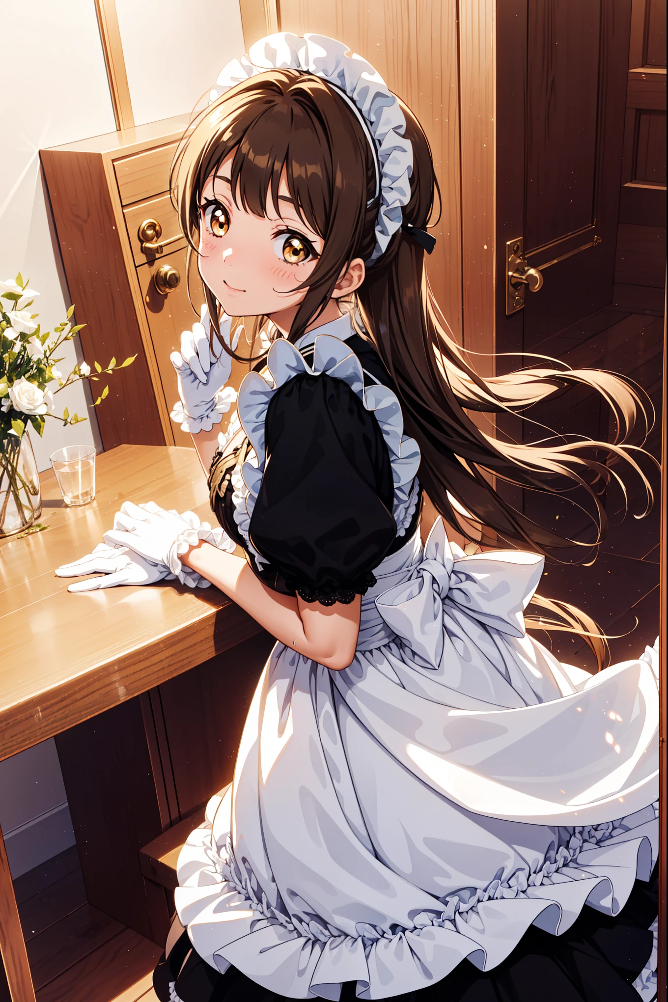 Teenage Girl，Attractions，have fun，in love，(Wearing a white modern innovative maid outfit,Just a little bit of underwear)，(White ruffle gloves)，Golden Eyes，Brown hair，Sacred headdress，Transparent lace，Ruffles，Rich in details，Ribbon，Dress nicely，solitary，bathroom，water，Dark，Beautiful face，Wet people