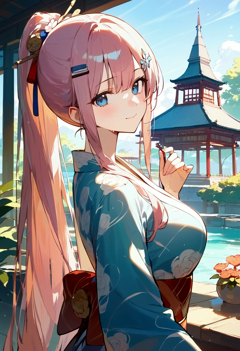 ((masterpiece、Best Quality))woman、cute、Clear、Bangs、Light pink hair、Super long hairstyle、ponytail、Bright blue eyes、smile、Red cheeks、Flower pattern kimono、Hairpin、Dragon Palace、In the sea、Wet