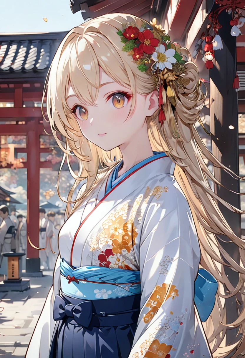 Beautiful anime girl, short shoulder-length light blonde hair, honey-colored eyes, slim, beautiful, kimono with red and white stripes and a blue hakama undergarment, Japanese, ultra detailed.