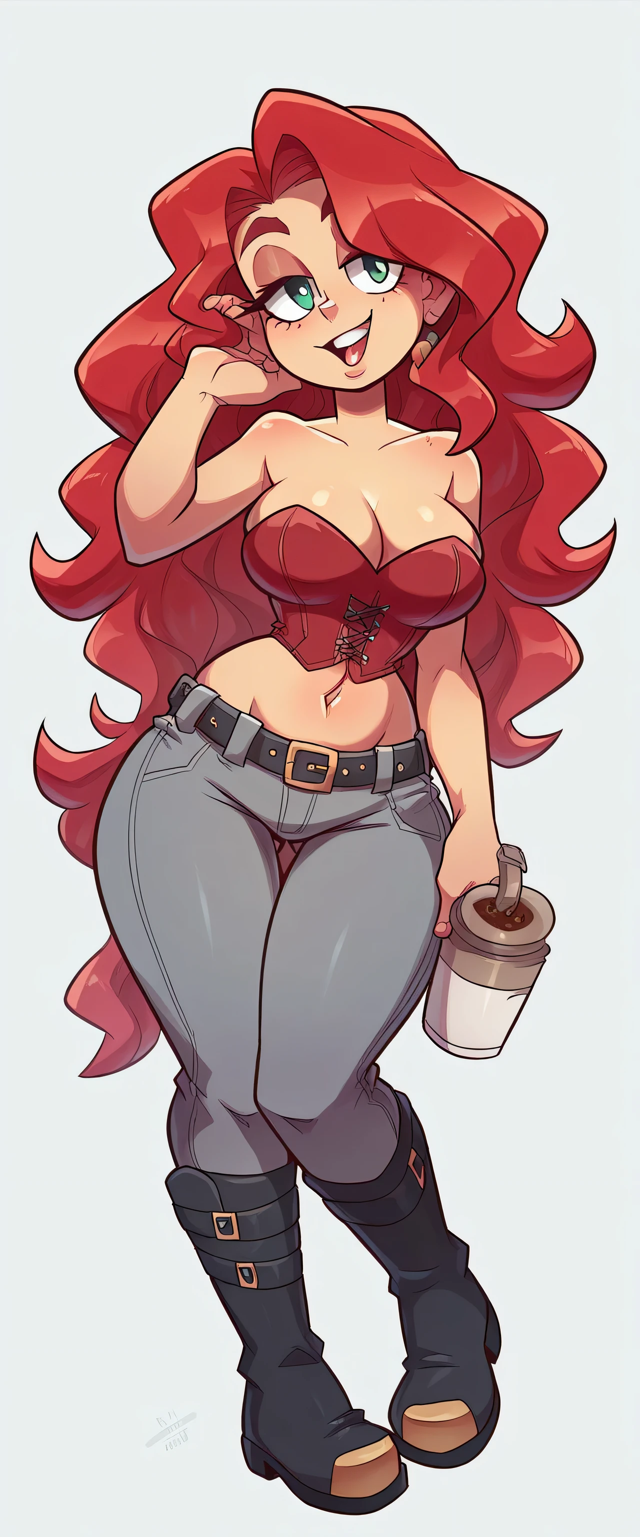 a tall, beautiful, and curvy woman with red wavy hair is depicted. She exudes happiness and sexiness, with a kind expression and striking red-tipped eyelashes. Her eye color is a captivating clear red. She is dressed in a stunning red corset top, revealing her navel, and a fitted gray pant with a black belt. Her outfit is completed by a pair of coffee-colored boots showcasing the character's detailed features and the dynamic