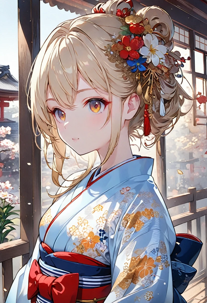 Beautiful anime girl, short shoulder-length light blonde hair, honey-colored eyes, slim, beautiful, kimono with red and white stripes and a blue hakama undergarment, Japanese, ultra detailed.