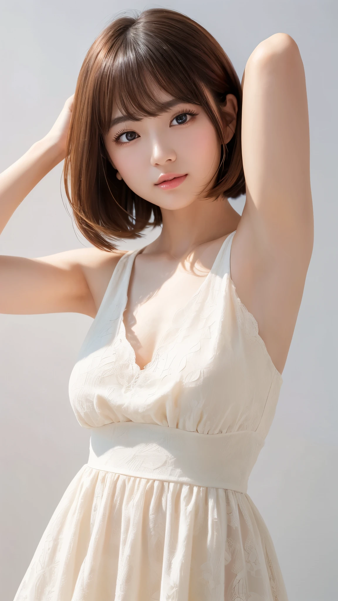 (Best image quality)、Extremely realistic capture、19-year-old Japanese female、Highly detailed eye resolution、cute、cute 포니테일、Has bangs、show me your armpits、tight sleeveless dress、white background、natural light、translucent white skin、orange makeup、The side of my hair hangs over my cheek, full body shot