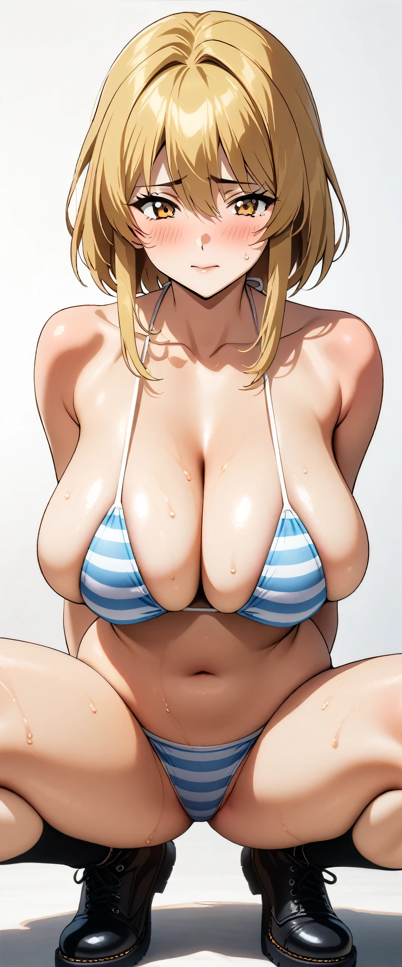 ultra resolution image,masterpiece,best quality、retro、1990s、((official_art))、badhandv4、unaestheticXL_bp5
BREAK
1girl,blush,big breasts,(front_facing,front_body)、(close_up)
BREAK
((Striped_bikini)),((Mini_bikini)),wet、squatting、spread legs、arm_behind_back
BREAK
curvy