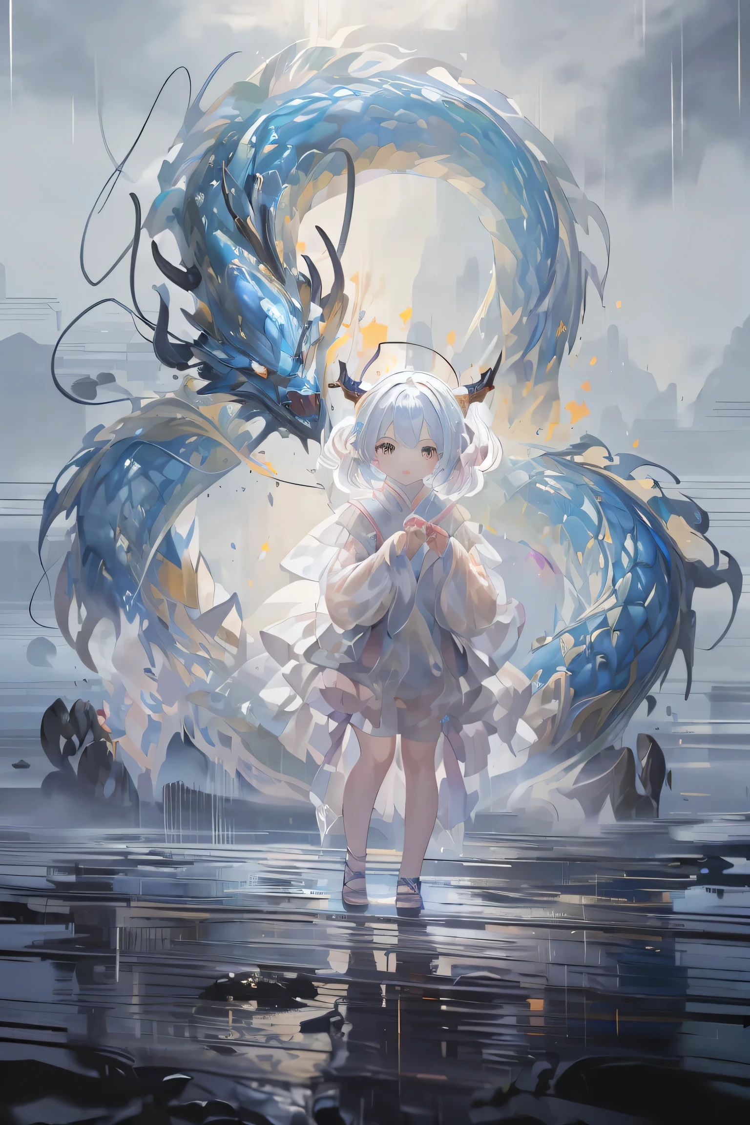 (Best Quality,masterpiece:1.3),Absurd,High resolution, Dragon and Girl,,****,heavy rain,Hairstyle(Two Side Up),Disastrous thunder,Hands pointing up,Raincoat clothing,Outdoor conflict zone, Face up, Cold Eyes