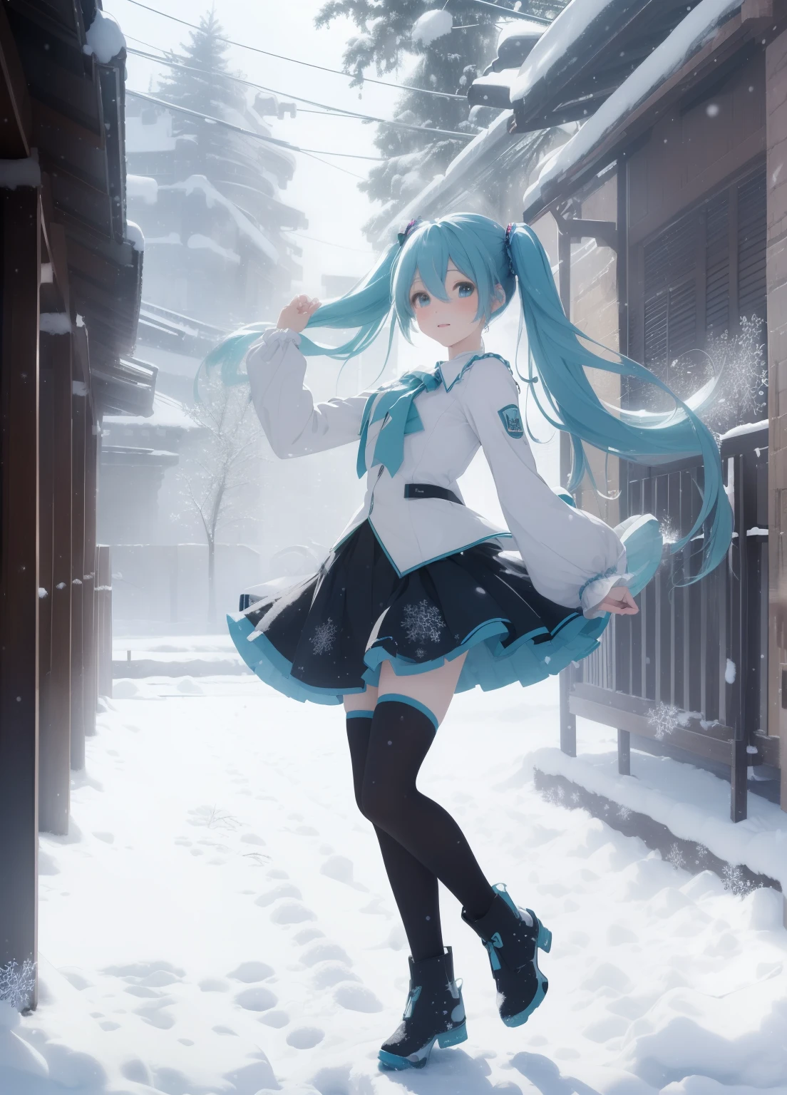 (masterpiece、最high quality、最high quality、Official Art、Beautiful and beautiful:1.2)、(One person:1.3)Hatsune Miku、Twin tails,The best texture, high quality, , 8k, Full body photo, Panoramic Photos, snow, flying snowflakes, dancing in the snow, girl, Filled with Miao's silver jewelry, Miao clothing, Silver Phoenix Crown, Melon seed face, Very detailedな顔, blue eyes, Long eyebrows, White skin, Silver long hair, Long flowing hair, Rising with the wind, snowflake colorful gifts, Realistic, Very detailed, high detail, Ultra Clear,