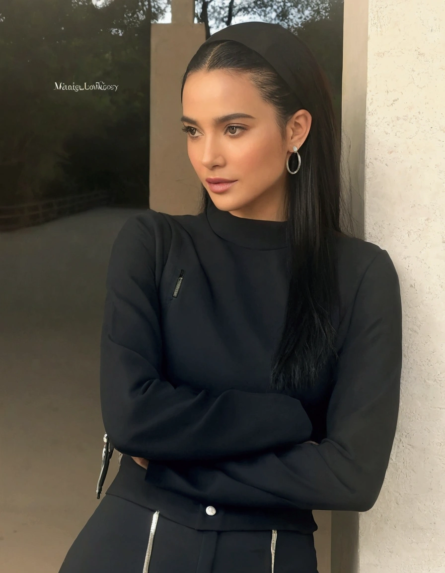 Create a very realistic and beautiful model with the following detailed features: Gender: Female, Age: Young adult (approximately 20-25 years old), Hair: Long, wavy and reddish with a natural shine, gently cascading around the shoulders and back back. . . . . . . . . . . . . , Eyes: Bright green with a captivating, slightly almond-shaped look, detailed with natural highlights, Skin: Fair complexion with a light texture, including natural freckles on the nose and cheeks, giving a youthful and vibrant appearance: Fair complexion with a light texture, including natural freckles on the nose and cheeks, giving a youthful and lively appearance, Face: with a smooth and natural contour, soft, full lips with a slight pinkish tint and a slightly delicate upturned nose, Expression : a gentle face, with a touch of mischief, which conveys warmth and approachability, Clothing: in a black suit and black sunglasses standing in an accentor, wearing a black suit, a black suit, a black outfit, a black suit and glasses, a black restrained suit, a black silky outfit, fashionable black clothes, a Girl in a suit, wears black clothes, Girl in a suit, Smooth black tight-fitting suit, wears an elegant outfit, haute couture chic, All black , Background: the model is in an accesor, start in accensor, accensor, accensor Pose: relaxed and confident posture, start on an open roof, end of sunny day, sea view in the background. aesthetic, Unsplash, Neoclassicism, Complex background, Best quality, hyper detailed, Gratty Sita, 64K, Light design
