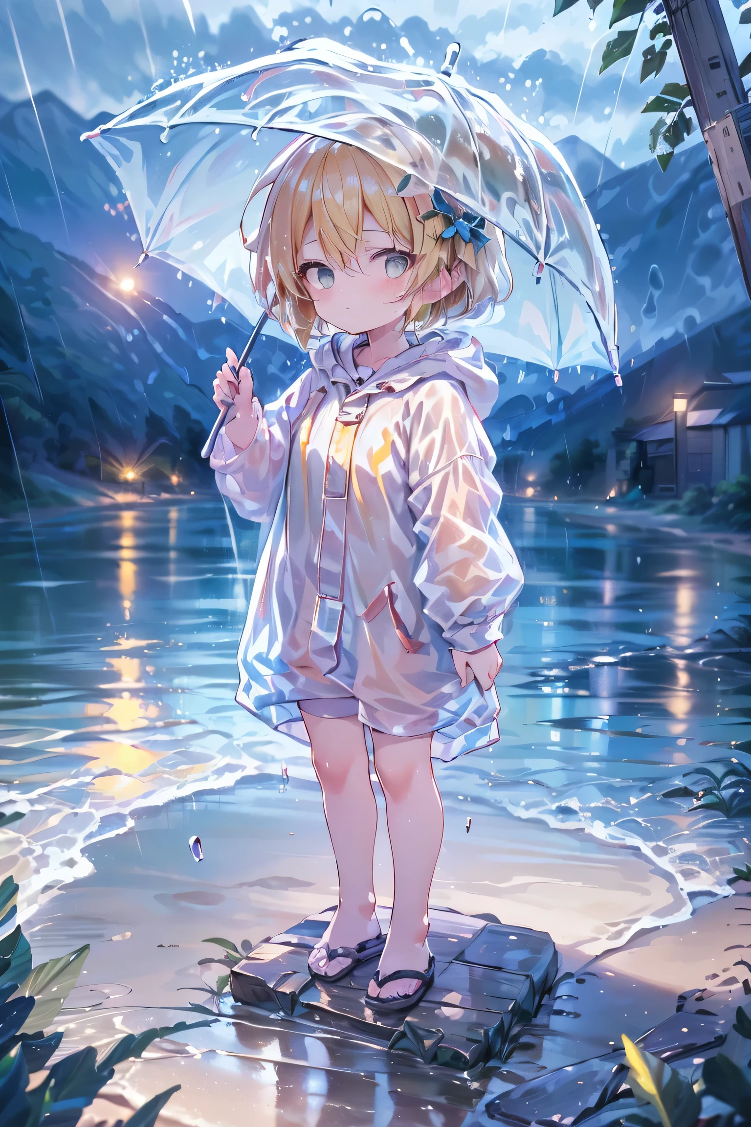 (Best Quality,masterpiece:1.3),Absurd,High resolution, ((2 young children),,***, See-through raincoat,Hairstyle(Two Side Up)、Blonde,Sheltering from the Rain,Unlucky Girl, whole body, Mountain Background,Heavy Rain, Put up an umbrella, Tops, Standing, Embarrassing, Wide Shot, barefoot