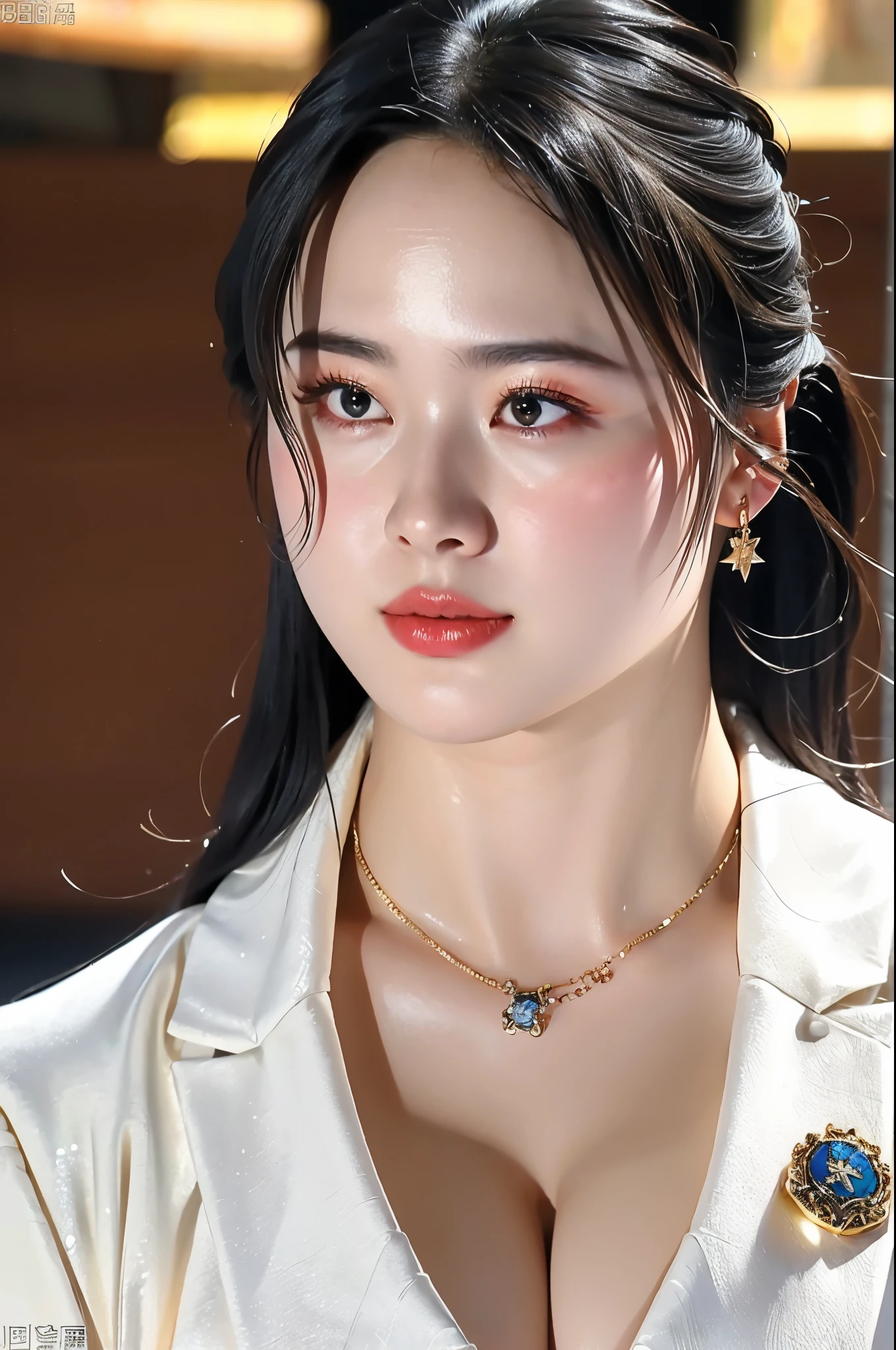 High resolution、masterpiece、Textured skin、high quality、sexy, (SFW1:0), 超High resolution、politician, Very detailed、woman、(Big Breasts:1.1)、(Cleavage:1.2), (sagging breasts:1.0), Perfect Style、white jacket, suit, necklace, earring, parliament badge,(talking with microphone) , (background: International Conference), (SFW:1.0)