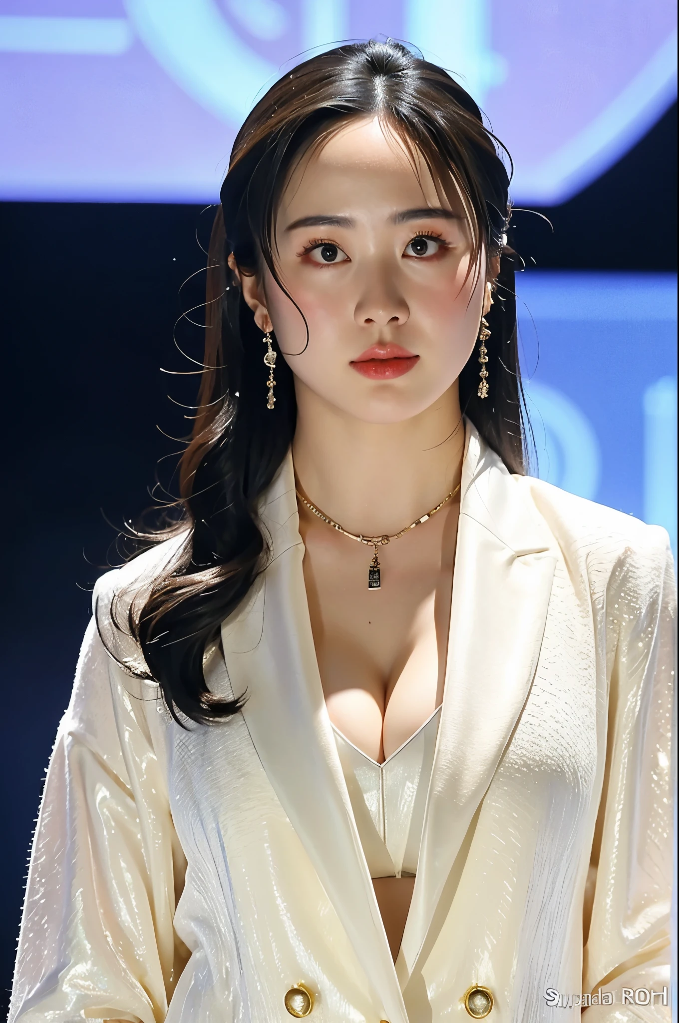 High resolution、masterpiece、Textured skin、high quality、sexy, (SFW1:0), 超High resolution、politician, Very detailed、woman、(Big Breasts:1.1)、(Cleavage:1.2), (sagging breasts:1.0), Perfect Style、white jacket, suit, necklace, earring, parliament badge,(talking with microphone) , (background: International Conference), (SFW:1.0)