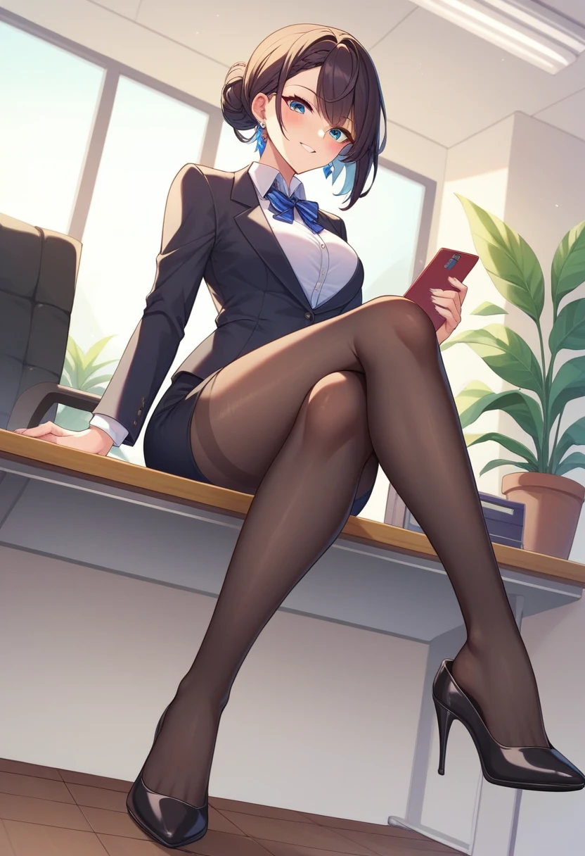 masterpiece, best quality, 1girl,blue hair, short hair, blush, sweat,office,feet on desk,feet up,sitting on chair