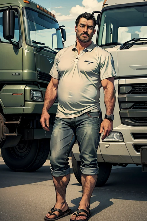 a mature man with short curly black hair, light green eyes, mustache, round face, unshaven, semi-chubby, wearing a gray collared t-shirt, jeans shorts, leather sandals, truck driver, a white volvo semi-truck in the background, detailed art, realistic art