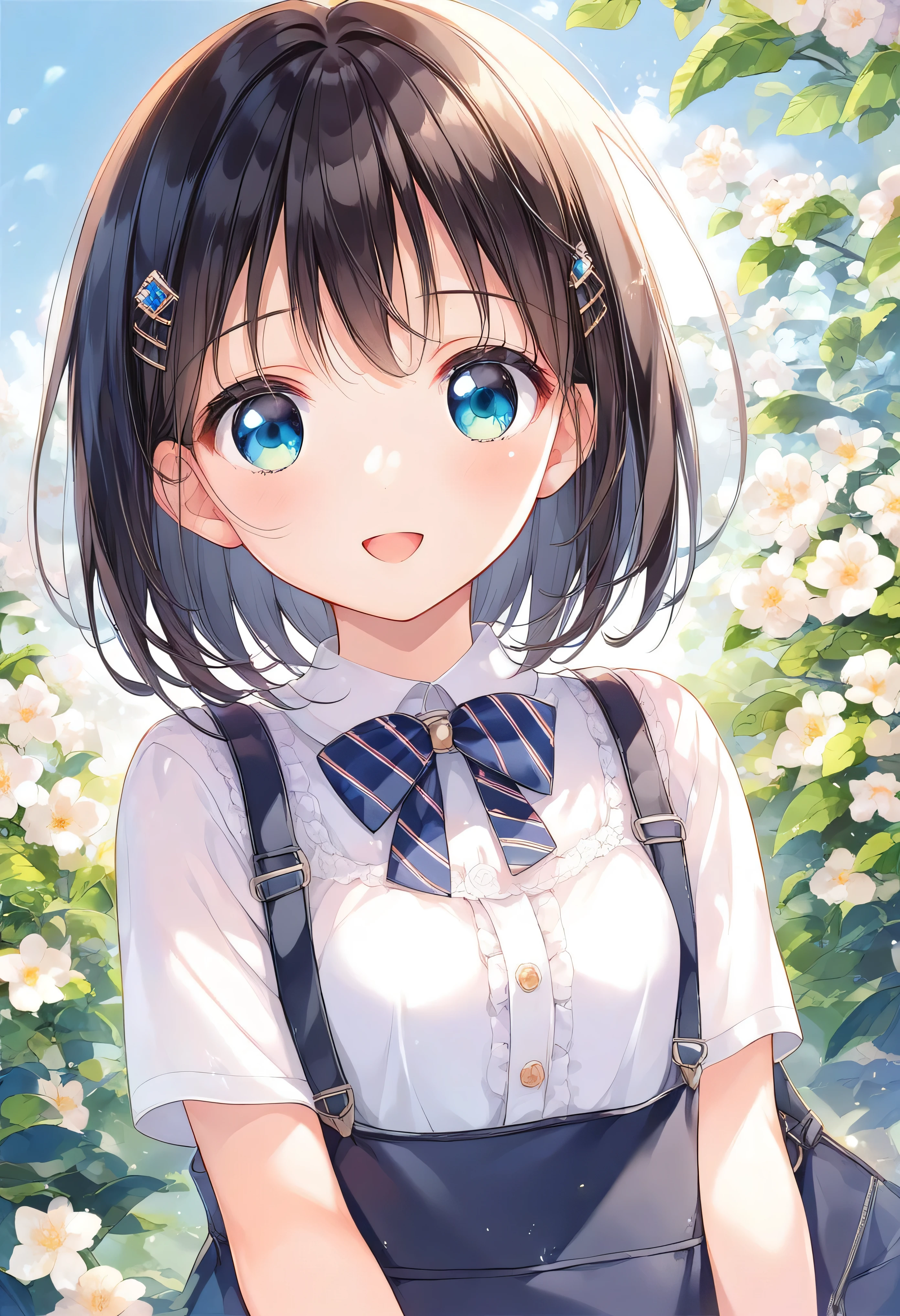 ((Highest quality)), ((masterpiece)), (detailed), 12 years old, Black Hair,(Childish face), (Bob Hair), Girl, small Breasts, ((topless)), ((Blue eyes)),half-smile ,Sunlight, (extreme_close_up) , riverbank, flower garden,(See-through shirt),(Sheer shirt),