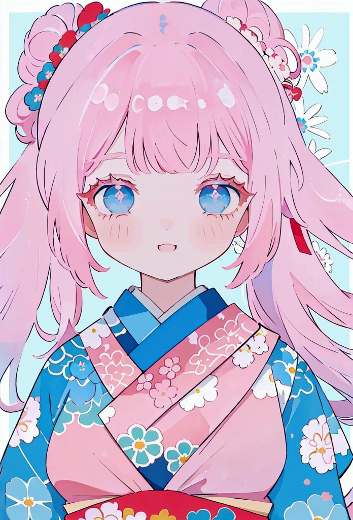 (highest quality,High resolution,masterpiece,wonderful)Pink Hair,ponytail,Curly hair,Blue Eyes,Sharp Eyes,White kimono,Light blue scrunchie,Pointed handbag,beautiful,gorgeous,