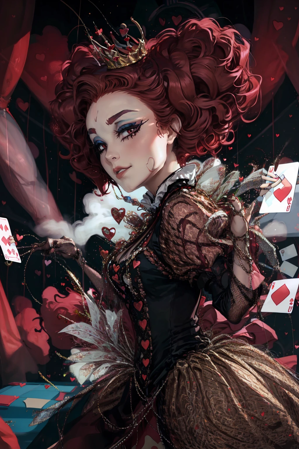 In a luxurious casino, A stunning woman wears an exquisite dress adorned with heart symbols, embodying the royal presence of the Queen of Hearts. Surrounded by a backdrop of poker cards and chips, She exudes confidence and seduction, inviting players to test their luck and skills in the game of chance. perfect hands, perfect fingers, short curly hair, red hair (queen of hearts), smiling,large smile, laughing, upper body, dancing litghly