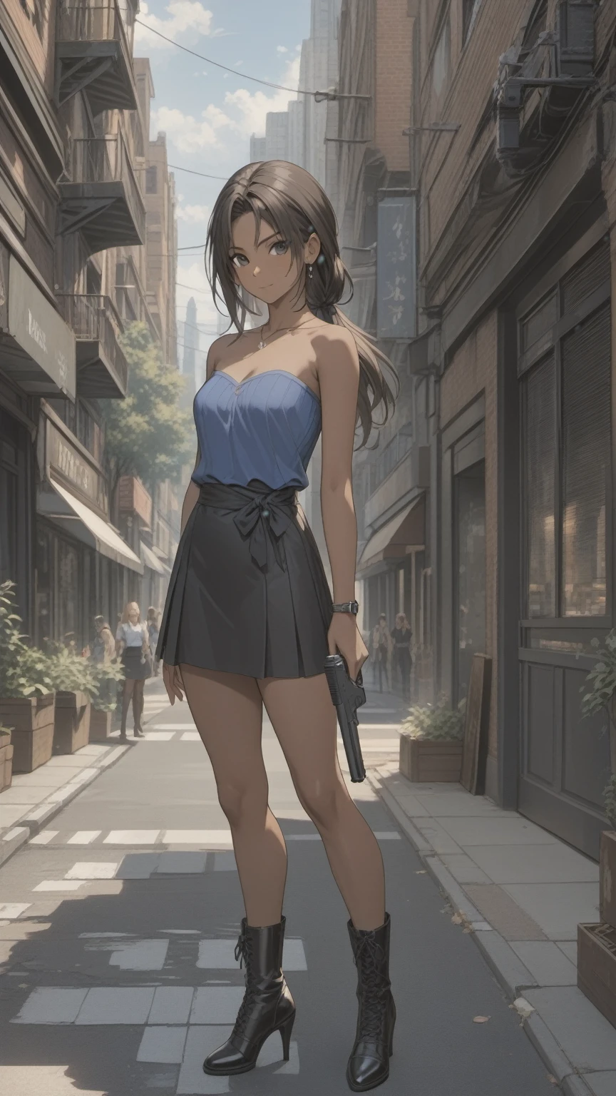 (((Adult woman)): (small black skirt, strapless blue top, Black eyes, showing the whole body, brown skin color, Black long hair, High heel black boots, Cute smille. Closed mouth )); full body shot, Standing in street, cityscapes background. High quality. 4k, 8k, many details. Masterpiece, accurate, anatomically correct, posing, detailed background, better quality, original work Focus on details, with handgun, Jill Valentine, zombies around, White blouse tied at the waist.