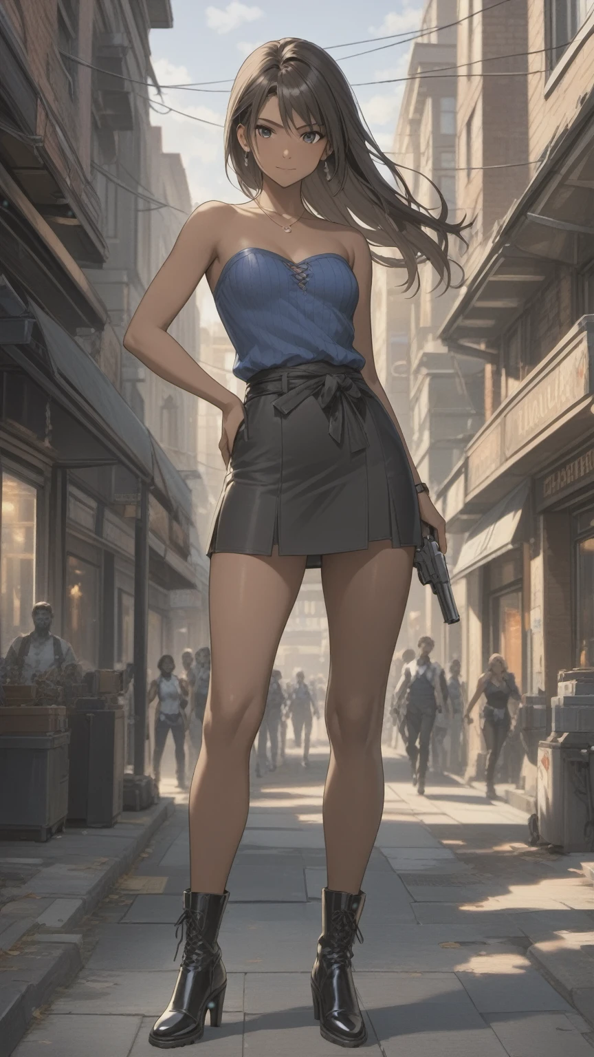 (((Adult woman)): (small black skirt, strapless blue top, Black eyes, showing the whole body, brown skin color, Black long hair, High heel black boots, Cute smille. Closed mouth )); full body shot, Standing in street, cityscapes background. High quality. 4k, 8k, many details. Masterpiece, accurate, anatomically correct, posing, detailed background, better quality, original work Focus on details, with handgun, Jill Valentine, zombies around, White blouse tied at the waist.